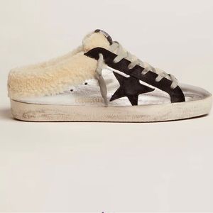 Golden Goose Shearling Superstar Sabot Silver Leather/Black Suede Sz 41
